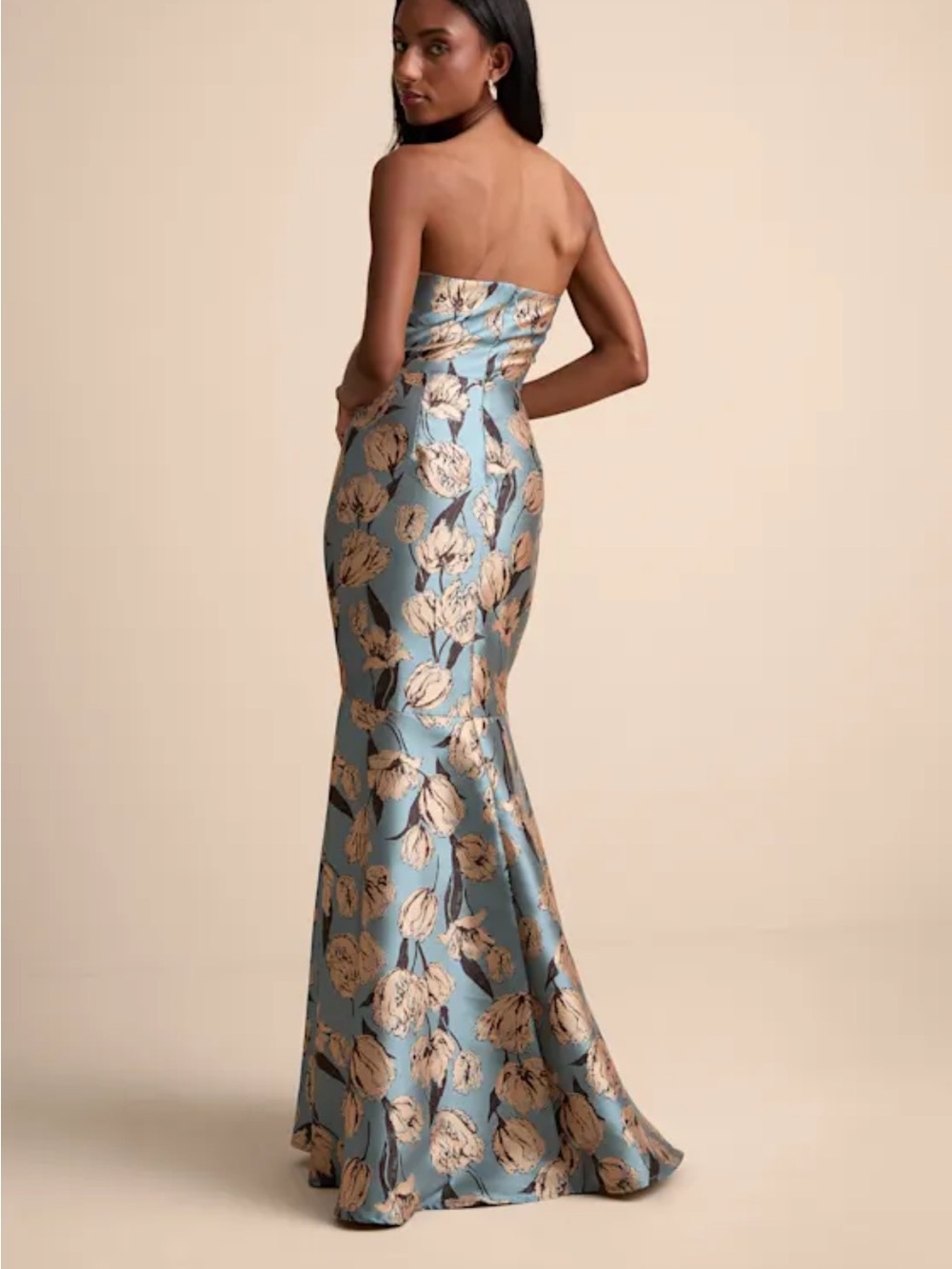 Lulu's Strapless Floral Jacquard Gown in Light Blue and Cream - Picture 2 of 5